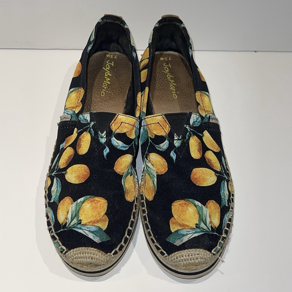 Joy & Mario Slip On Espadrille Black Shoes With Lemons All Over Print Size 7.5W